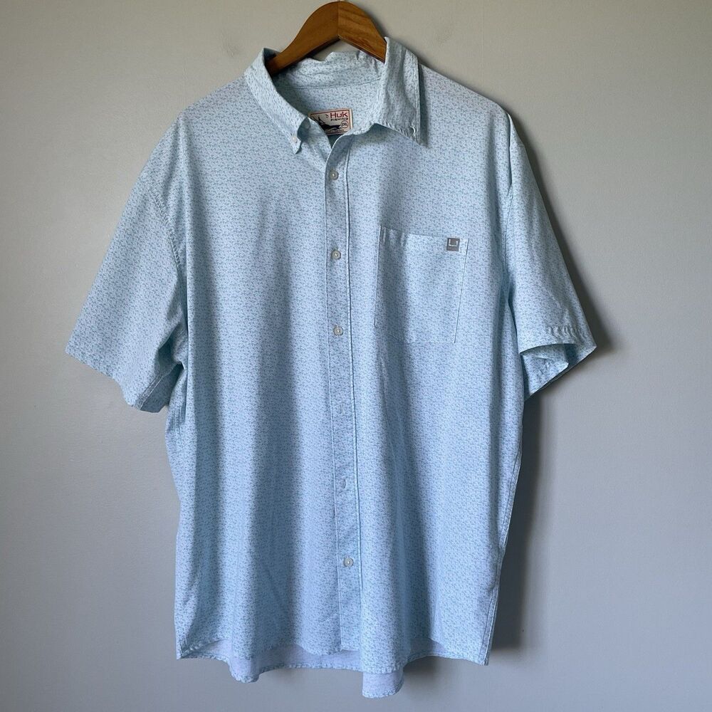 Huk Fishing Lightweight Button Down Shirt Top Lure Print White Blue Men's 2XL